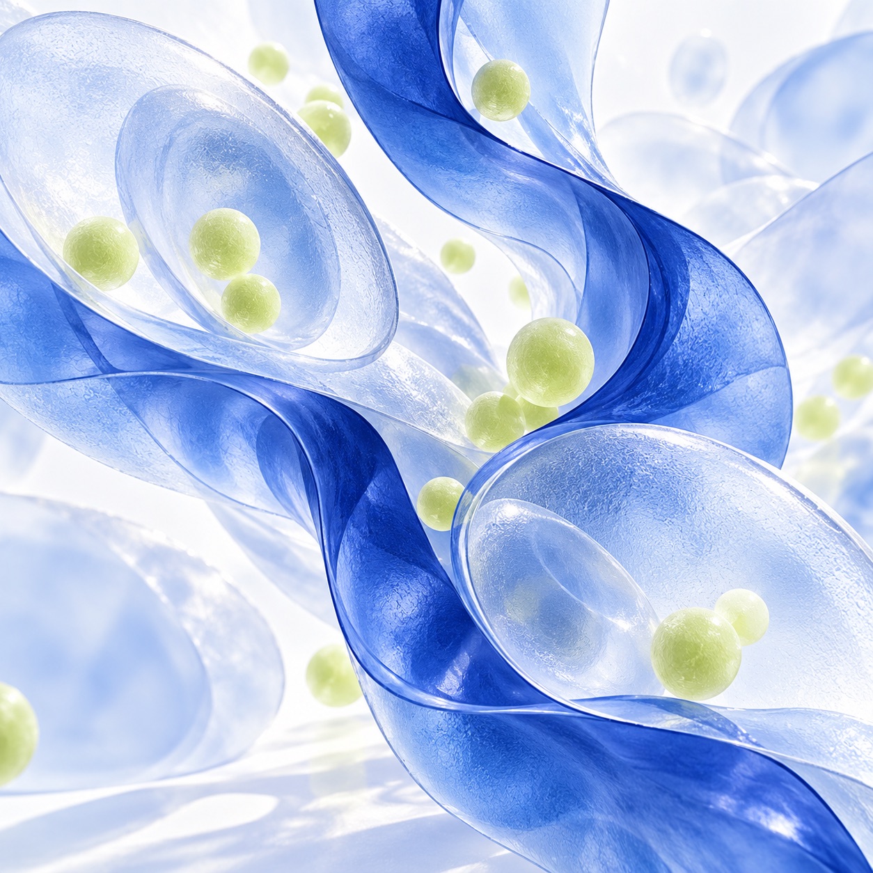 Abstract cobalt cellular forms and chartreuse spheres, an original conceptual illustration.